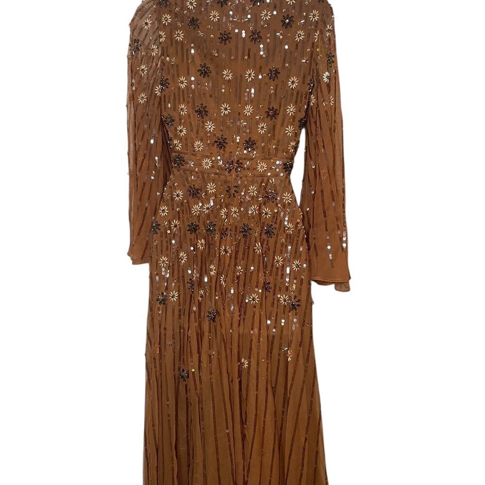 Mac Duggal Cognac Sequin Midi Dress 94076 Long Sleeve V-Neck Size 2 - Picture 2 of 6